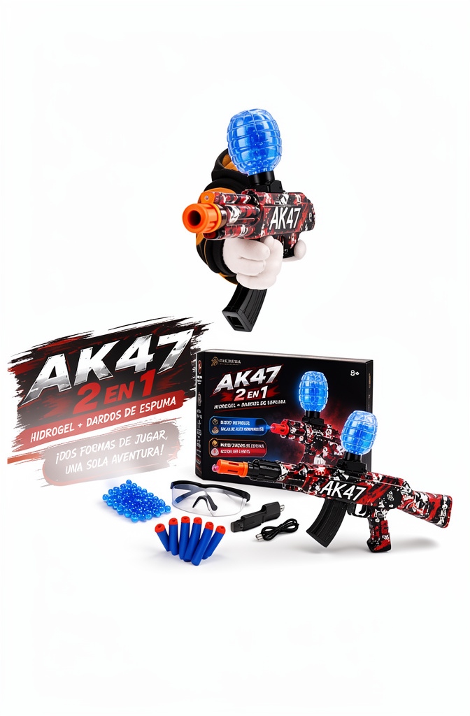 Blaster Hidrogel AK47 2 en 1 / Hidrogel + Dardos de Espuma