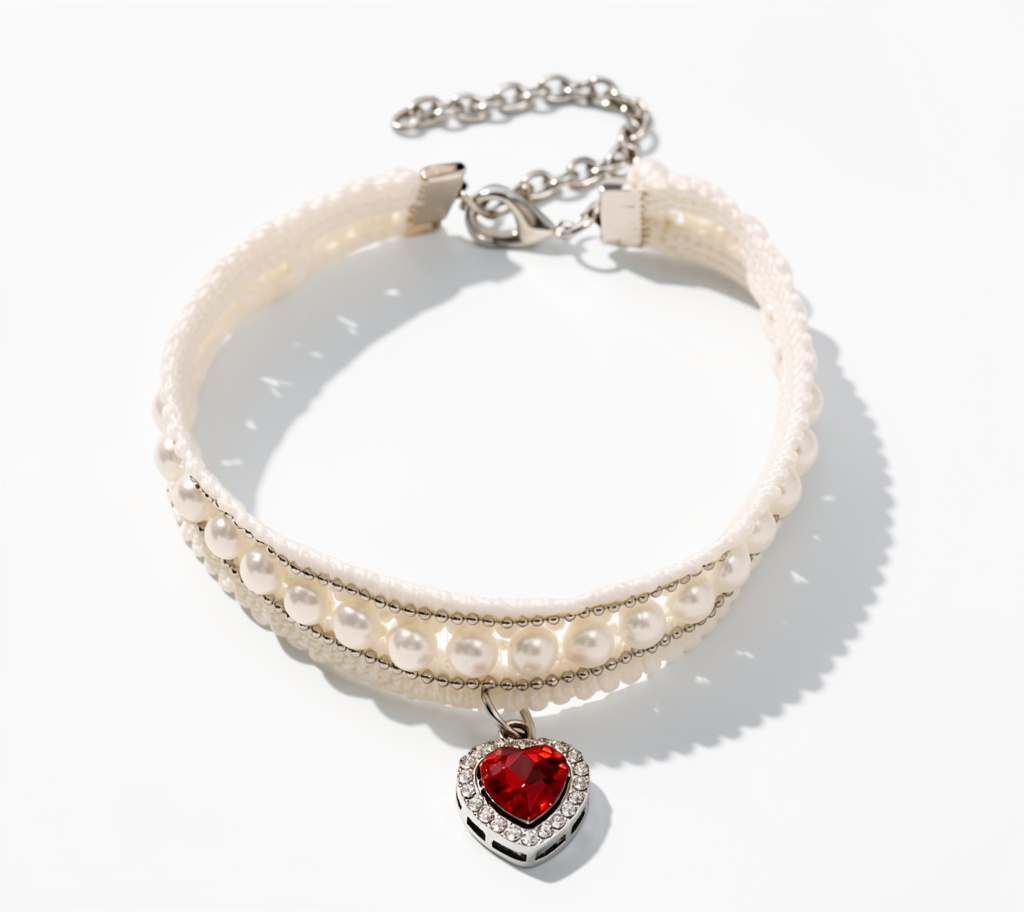 Collar de encaje con perlas y dije de corazón talla L