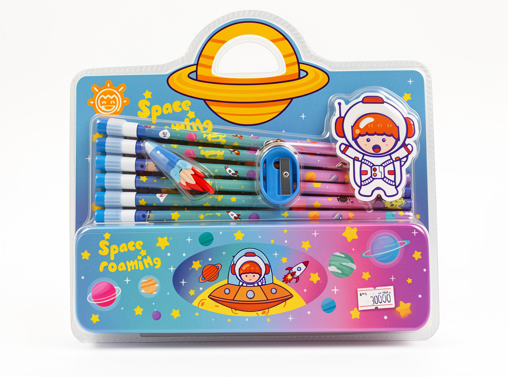 SET DE CARTUCHERA METAL + LAPICES ASTRONAUTA