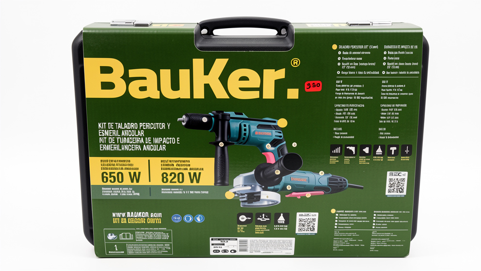 KIT TALADRO PERCUTOR 650 W Y ESMERIL ANGULAR 820W BAUKER