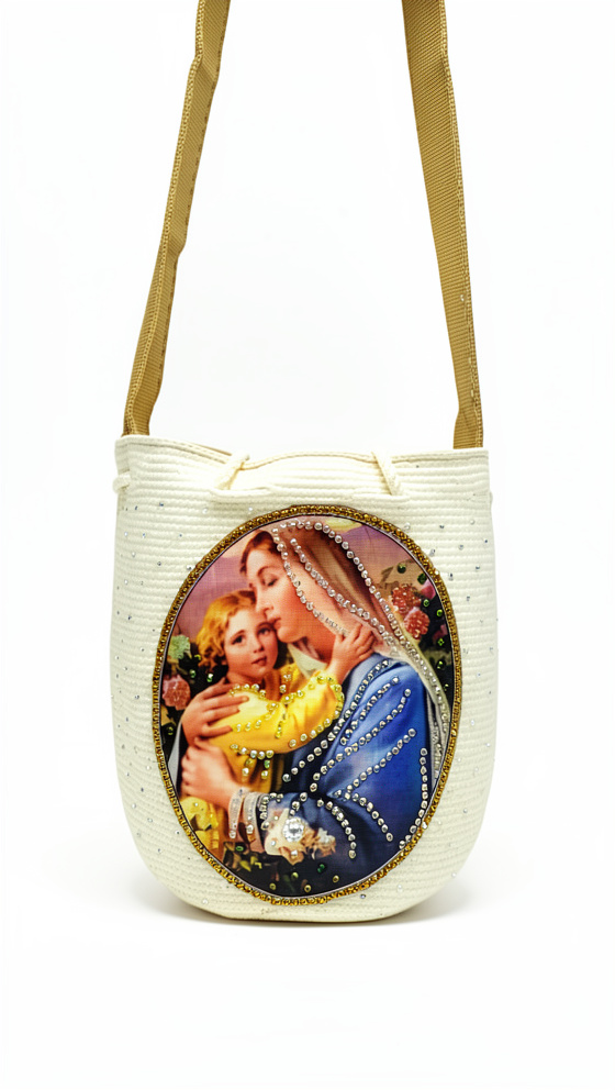 Mochila mediana stiker religioso, asa paleteada