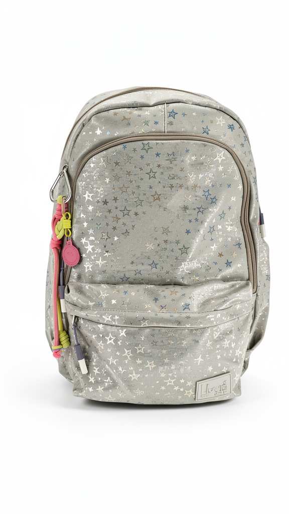Mochila juvenil Lluvia color plata con estrellas grises