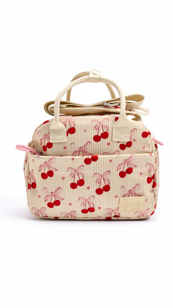 Lonchera beige con cerezas tipo gamuza