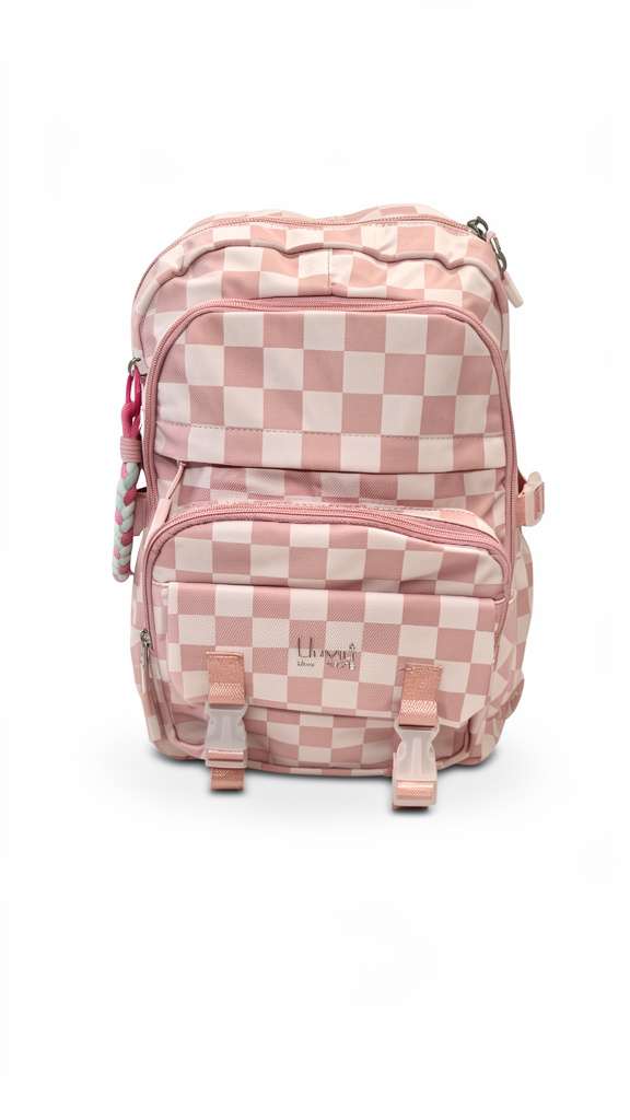 Mochila primaria Rosa palo con cuadros