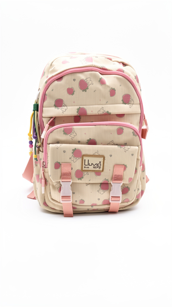 Mochila primaria beige fresas con conejos
