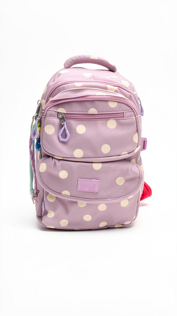 Mochila primaria morado con bolas blancas