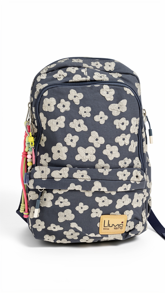 Mochila juvenil azul fuerte con flores blancas