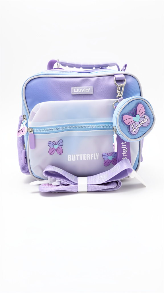 Lonchera Lila con mariposa y monedero chico.