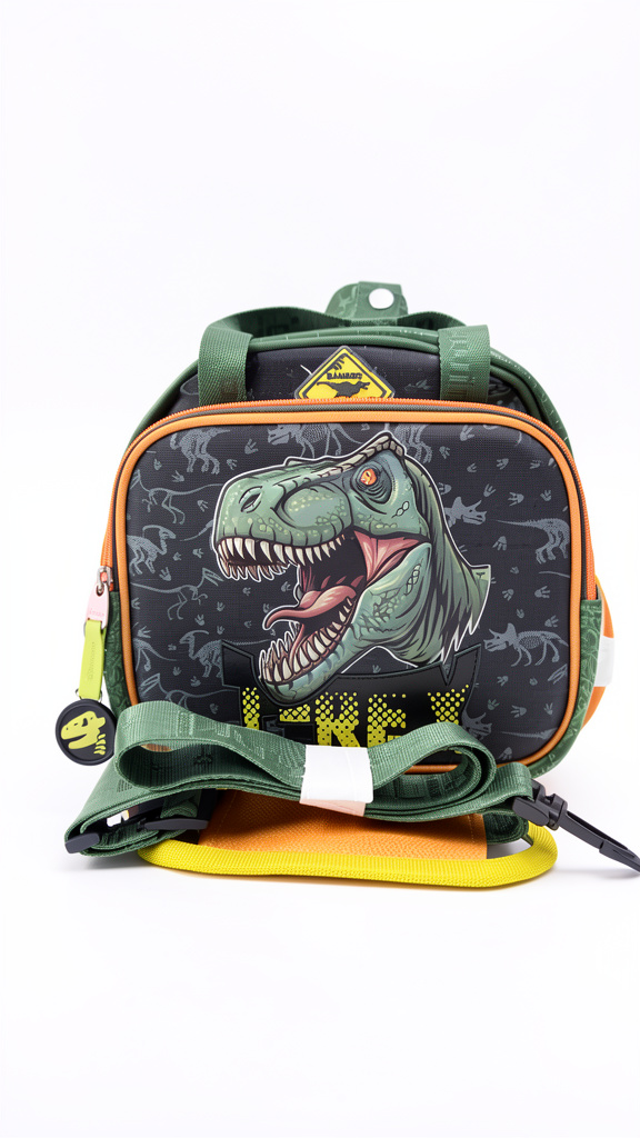 Lonchera lluvia T-rex verde con naranja