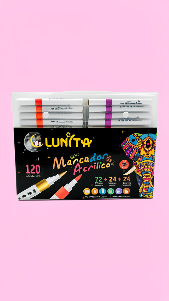 Plumones Lunita 120 colores punta pincel combinados (Men: $380 May: $370 Doc: $360)