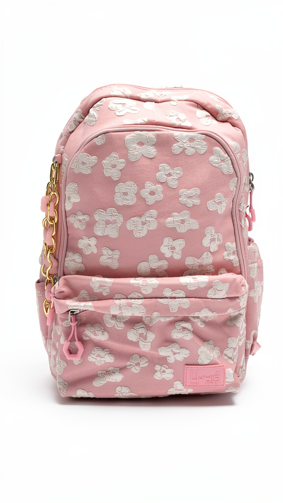 Mochila Juvenil Lluvia color rosa pastel con flores blancas