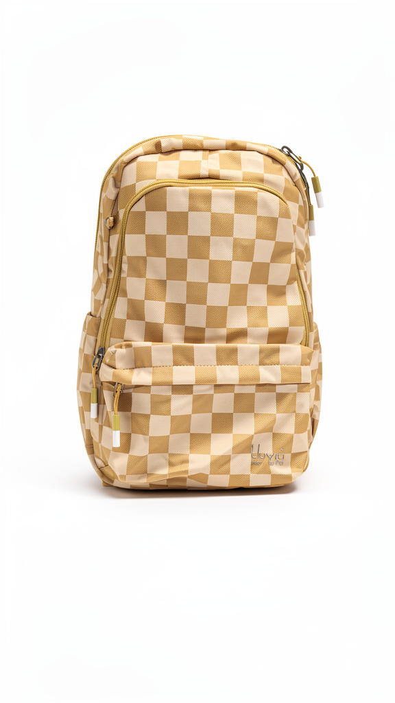 Mochila primaria café claro con cuadros