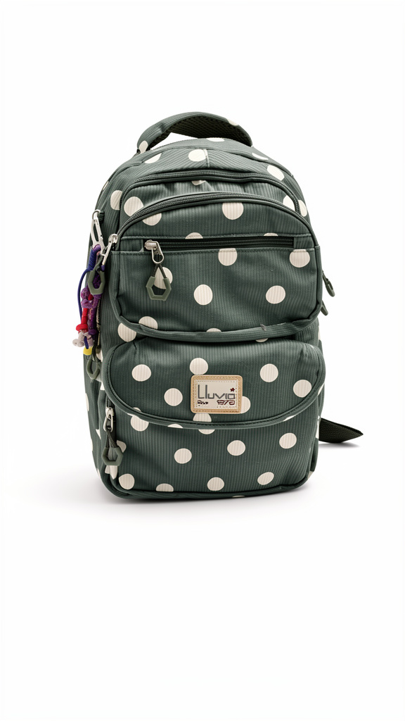 Mochila primaria verde olivo con bolas blancas
