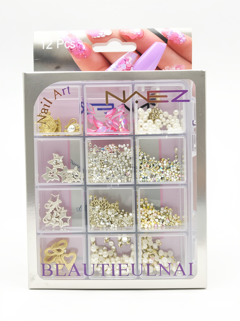 Decoración Naez surtida x12 divisiones (dijes, strass y perlas)