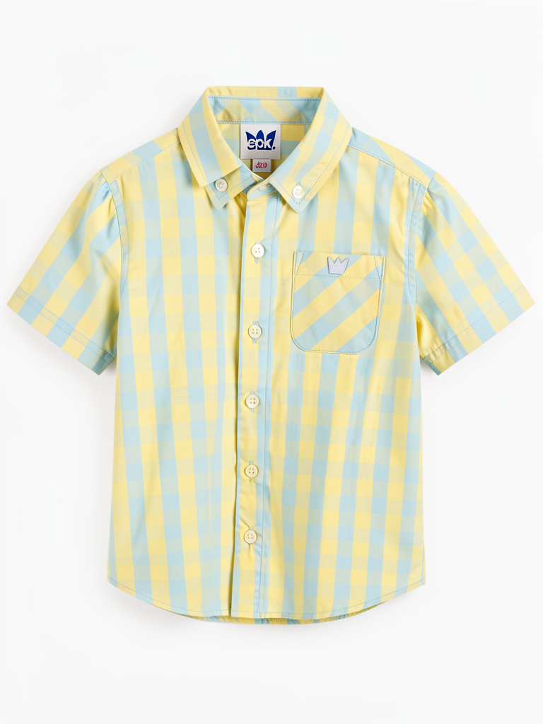 Camisa Manga Corta de Botones de cuadro amarillo con azul claro niño EPK
