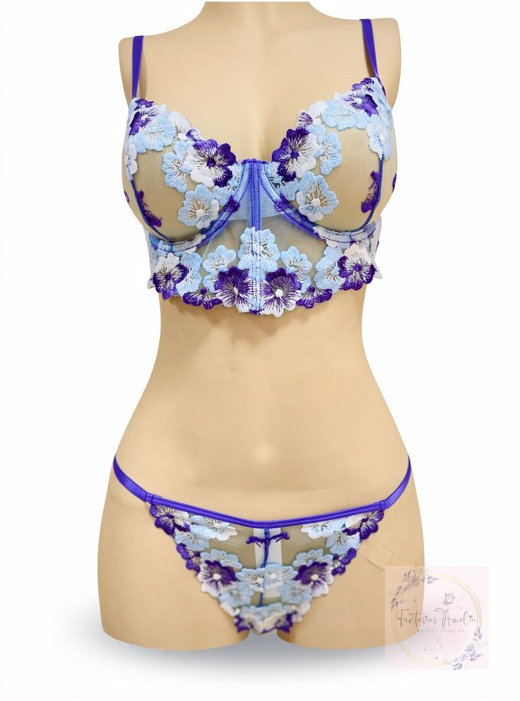LENCERIA CELESTE BORDADO TALLA M