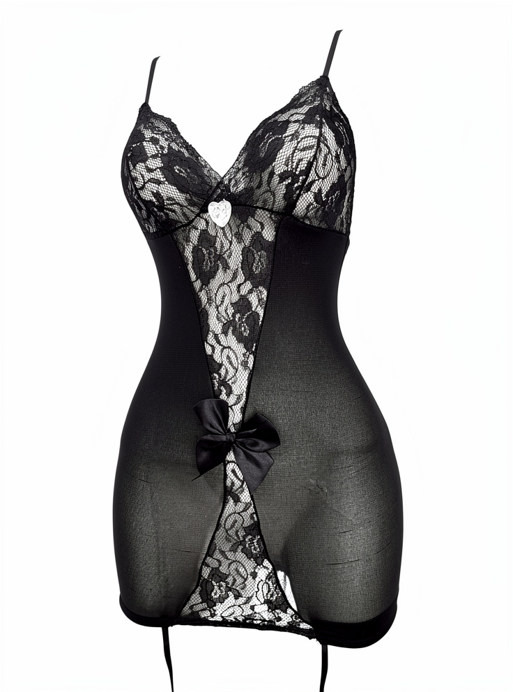 LIGERO DE NYLON NEGRO CON TANGA Y MEDIAS S/M