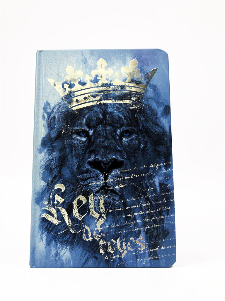 Biblia tapa dura azul rostro de león con corona