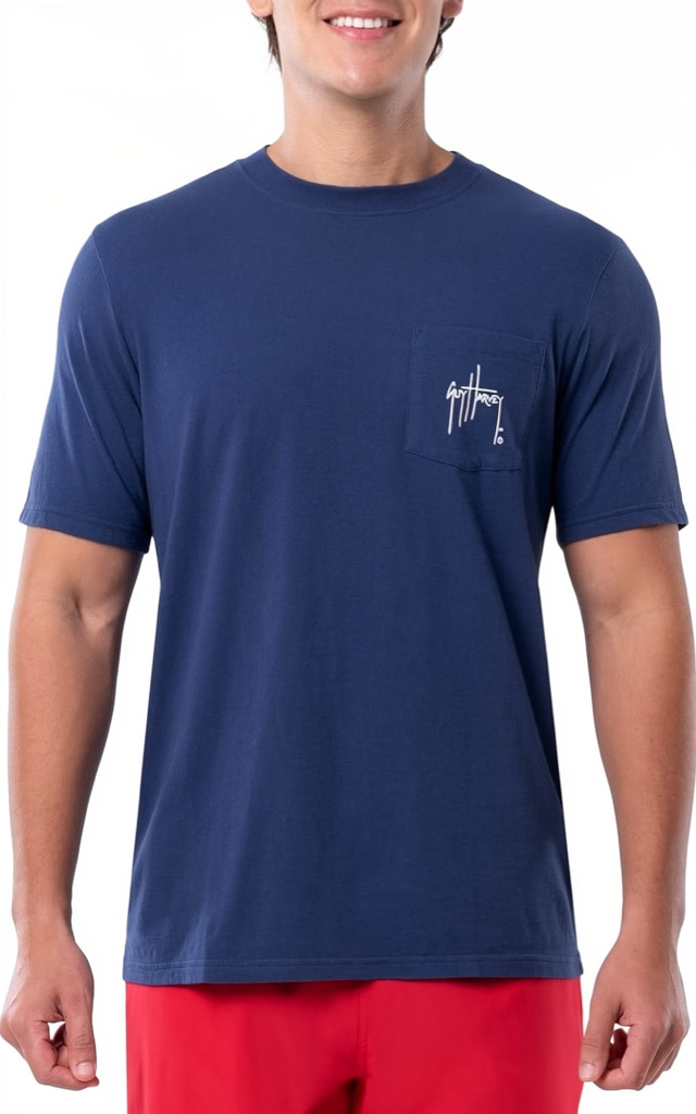 Guy Harvey Camiseta de mangas corta con bolsillo gráfico de algodón para hombre