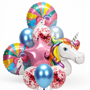 SET GLOBOS METALIZADOS Y LATEX UNICORNIO X10