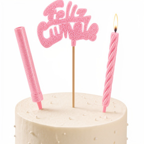 ADORNO TORTA FELIZ CUMPLE ROSA CON BENGALA Y VELA