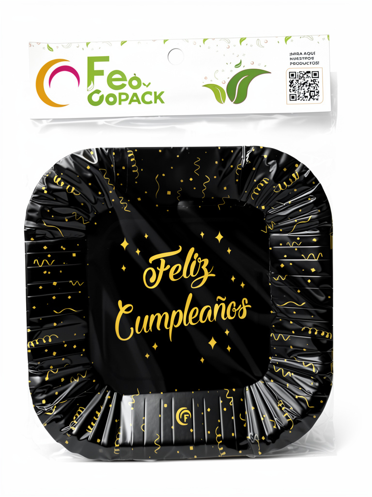 PLATO POLIPAPEL FELIZ CUMPLEAÑOS NEGRO CON STAMPING X8