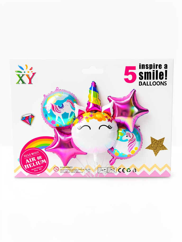 SET GLOBOS METALIZADOS UNICORNIO ARCO IRIS X5