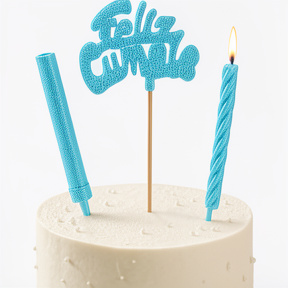 ADORNO TORTA FELIZ CUMPLE CELESTE CON BENGALA Y VELA