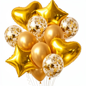 SET GLOBOS METALIZADOS Y LATEX DORADO X14