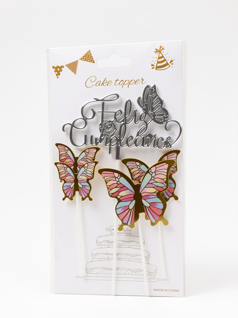 CAKE TOPPER HAPPY BIRTHDAY CON 4 MARIPOSAS PLATA