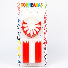 VELAS TORNEADAS CON PORTAVELAS BLANCO Y ROJO 6CM X24U