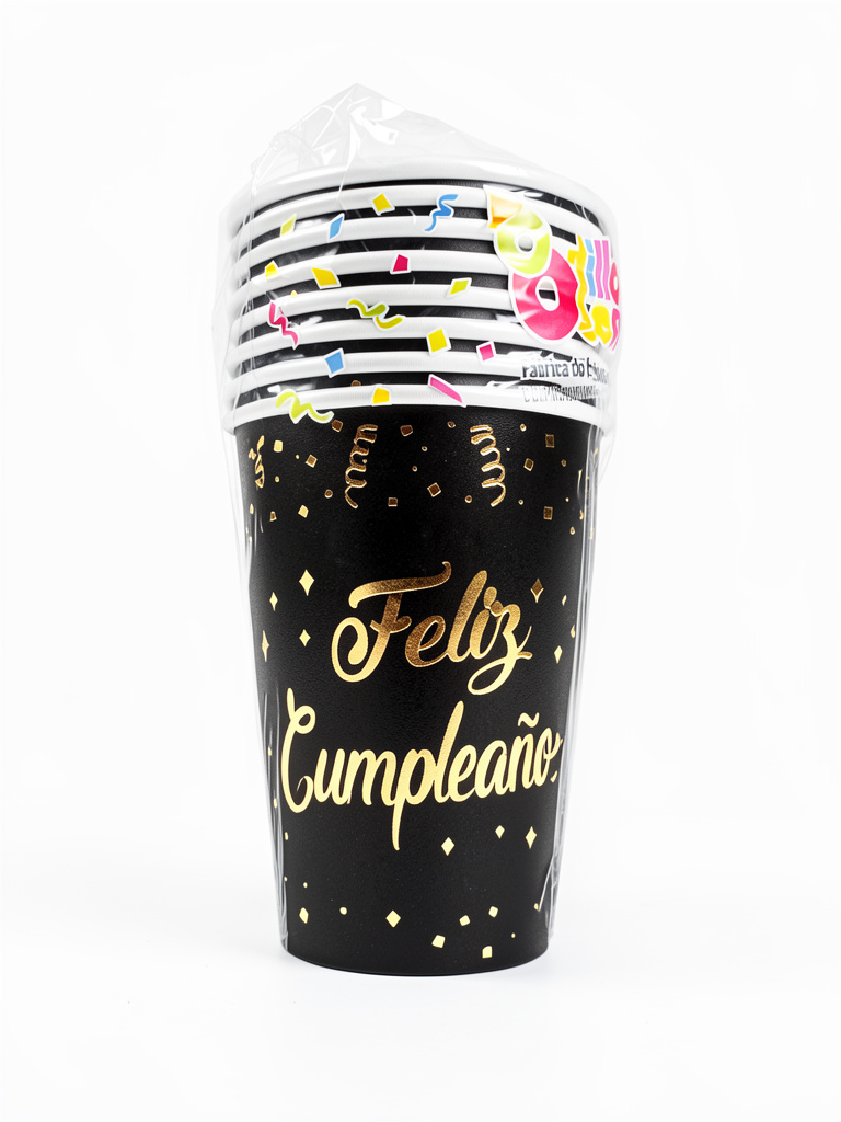 VASO POLIPAPEL240CC NEGRO FELIZ CUMPLEAÑOS X8