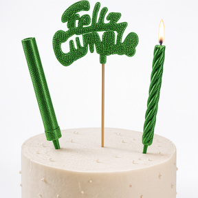 ADORNO TORTA FELIZ CUMPLE VERDE CON BENGALA Y VELA