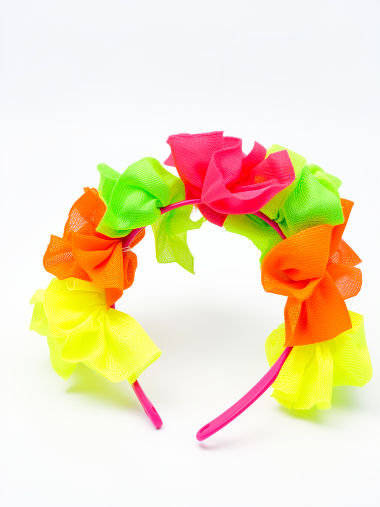 VINCHA CON 7 FLORCITAS TELA FLUO MULTICOLOR
