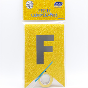 BANDERIN FELIZ CUMPLEAÑOS DORADO CON GLITER