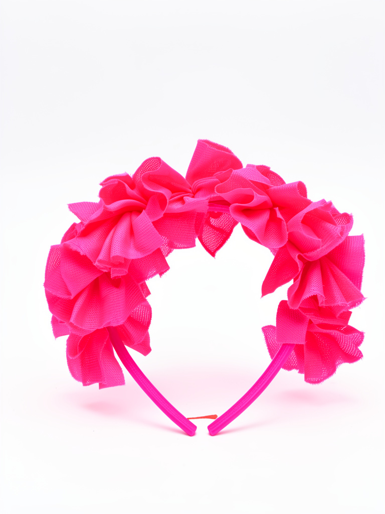 VINCHA CON 7 FLORCITAS TELA FUCSIA FLUO