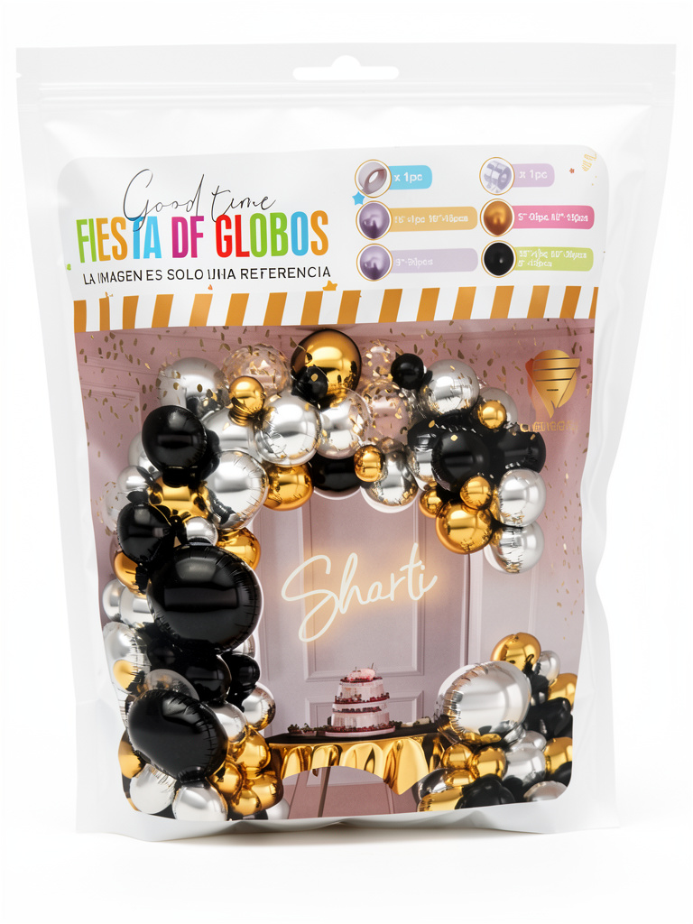 SET DE GLOBOS ARCO XL NEGRO ORO Y PLATA