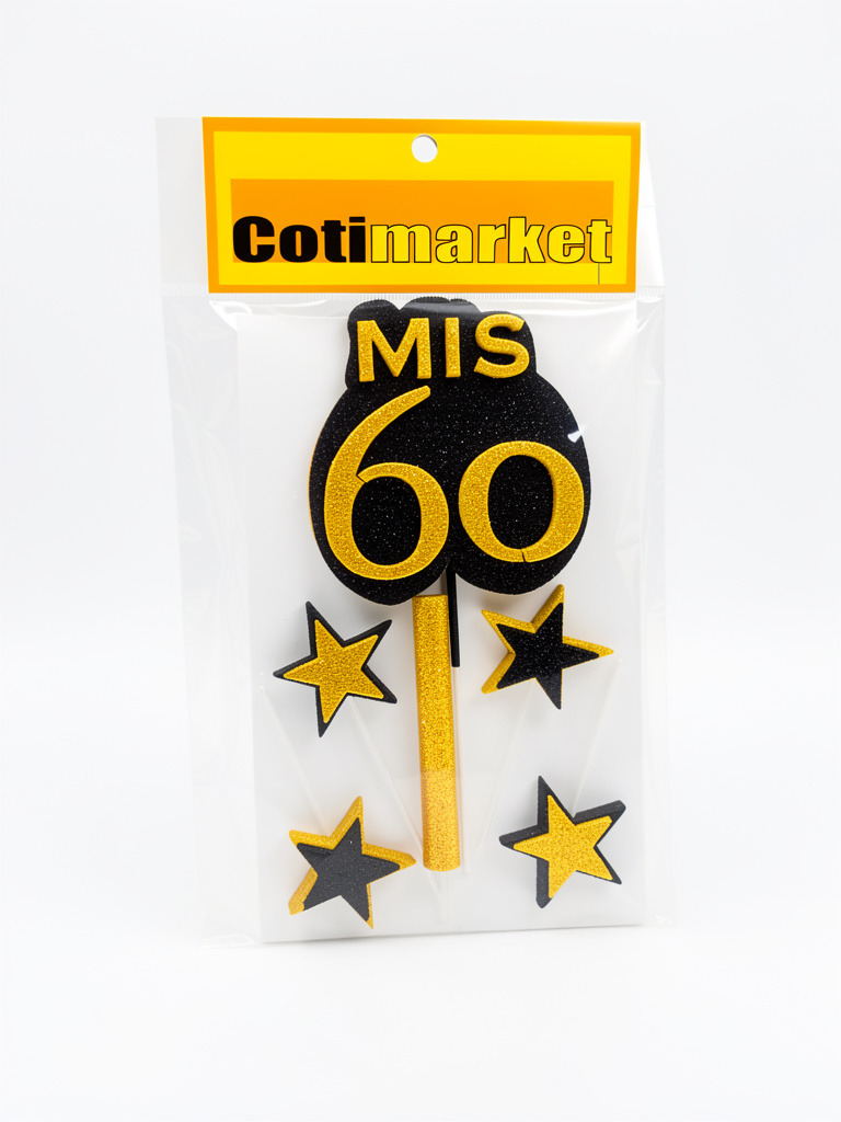 ADORNO DE TORTA MIS 60 CON 4 ESTRELLAS Y BENGALA