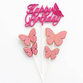 CAKE TOPPER HAPPY BIRTHDAY CON 4 MARIPOSAS ROSAS