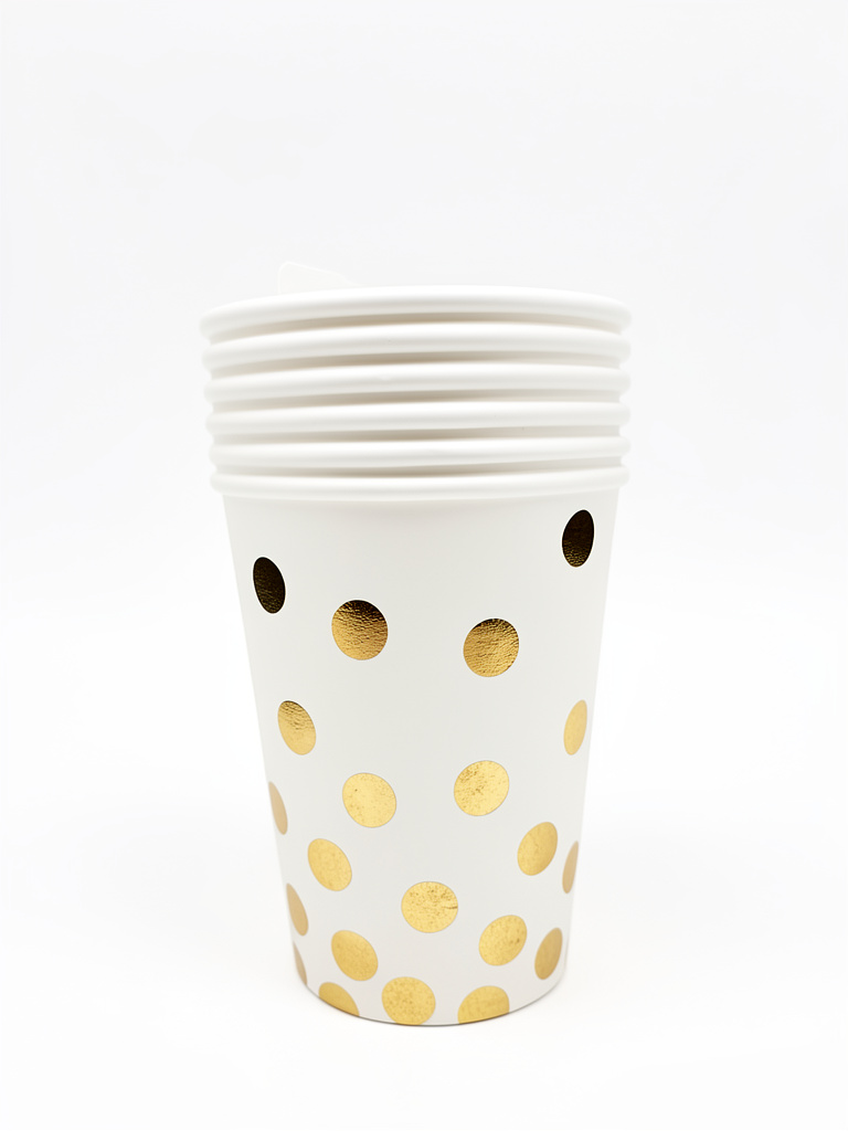 VASO POLIPAPEL BLANCO LUNARES ORO STAMPING X6