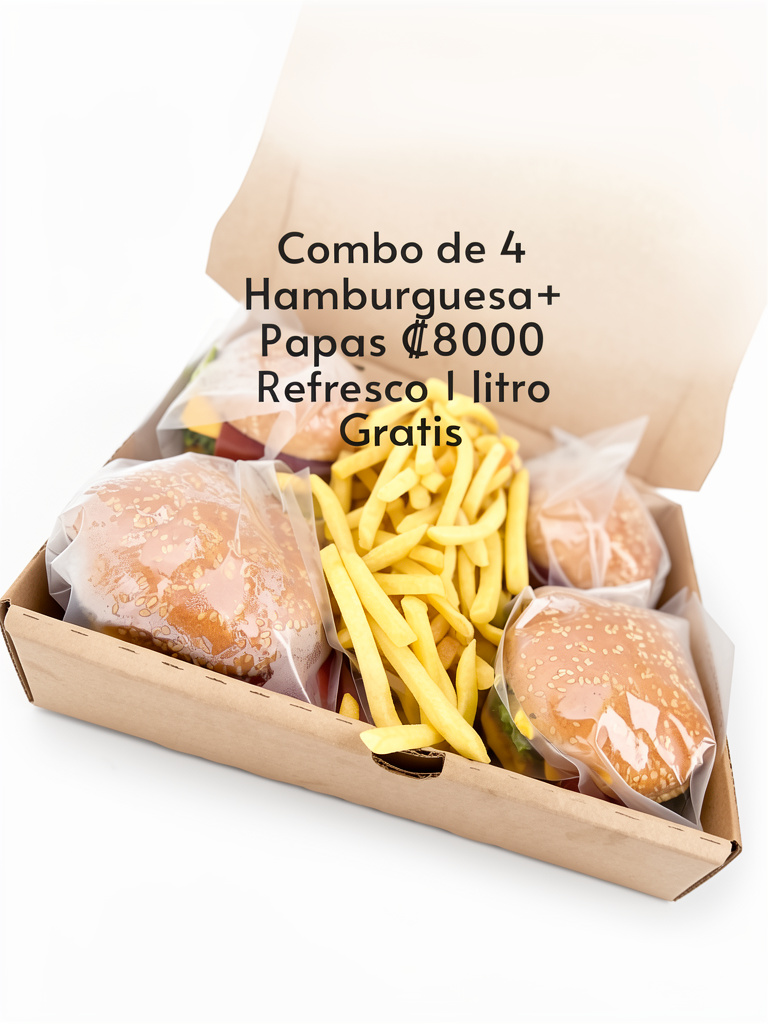 Combo #2 , 4 hamburguesas con papas