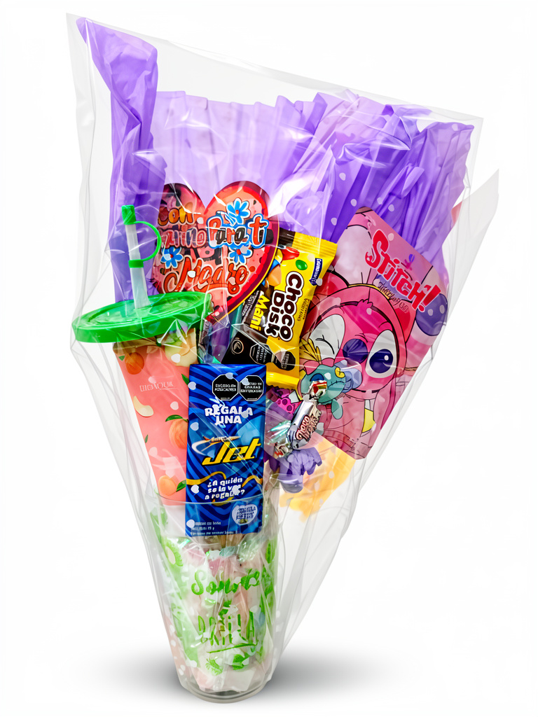 Vasito con cosméticos y dulces