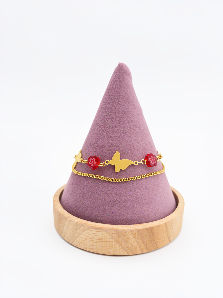 Pulsera dorada con mariposa y cuentas rojas acero