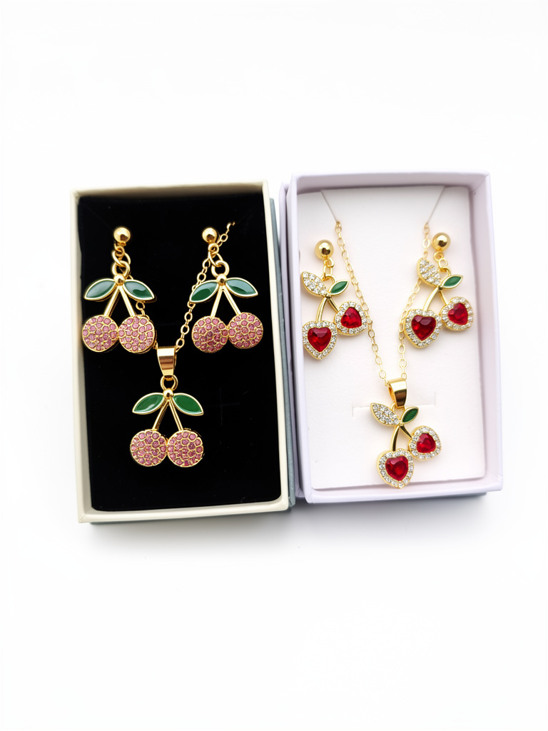 Aretes y collar cereza dorados