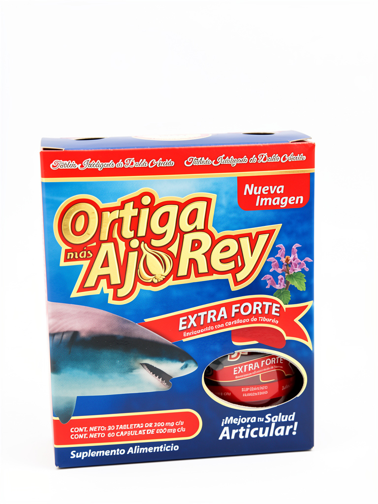 Ortiga y Ajo Rey Original Duo Ázul Extra Forte x2 Frascos Ortiga, Ajo Rey, Cartílago de Tiburón, Glucosamina, Condroitina Omega3, Colágeno