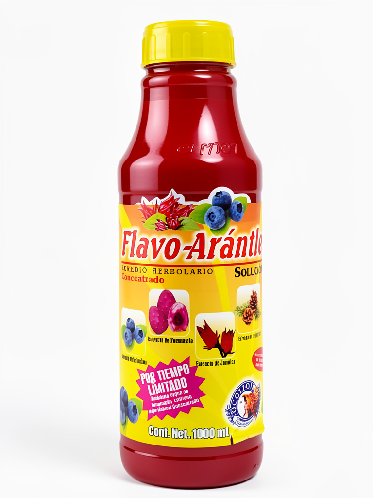 Flavo-Arantle Jugo Rojo Concentrado 1lt.  Extracto de Arándano, Xoconostle, Jamaica, Pinextract +Trozos de Corteza de Pino