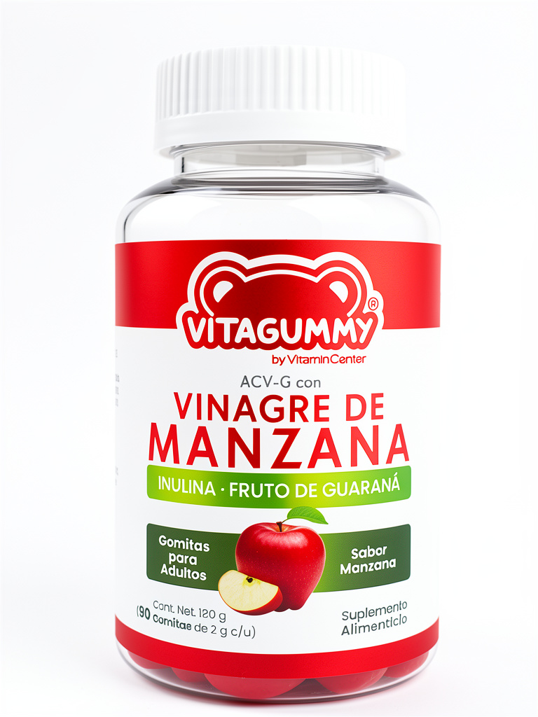 Gomitas Vinagre de Manzana 90 Vitagummy Y inulina, fruto de guaraná sabor manzana.