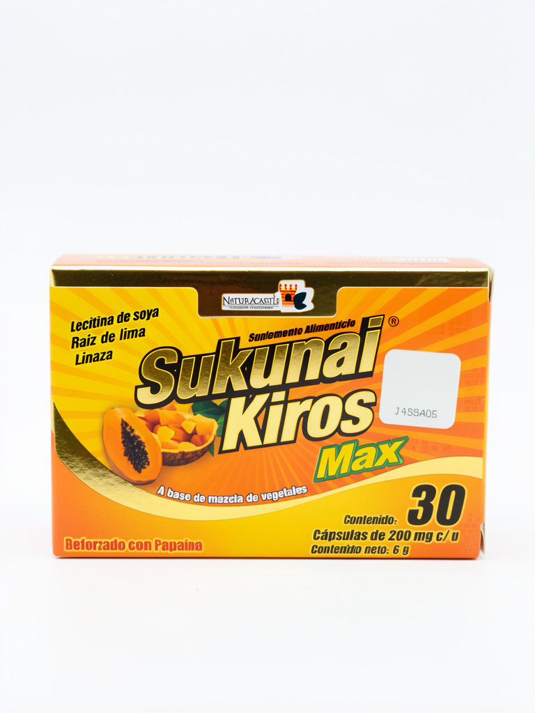 Sukunai Kiros Max. 30Caps. Lecitina de soya, Raiz de Lima, Linaza, Papaina.
