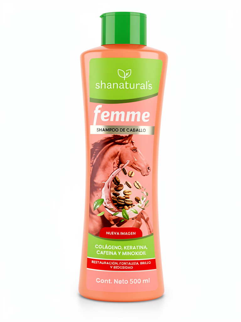 Femme Shampoo de Caballo (Mujer) Colágeno, Keratina, Cafeína y Minoxidil 500ml Shanaturals