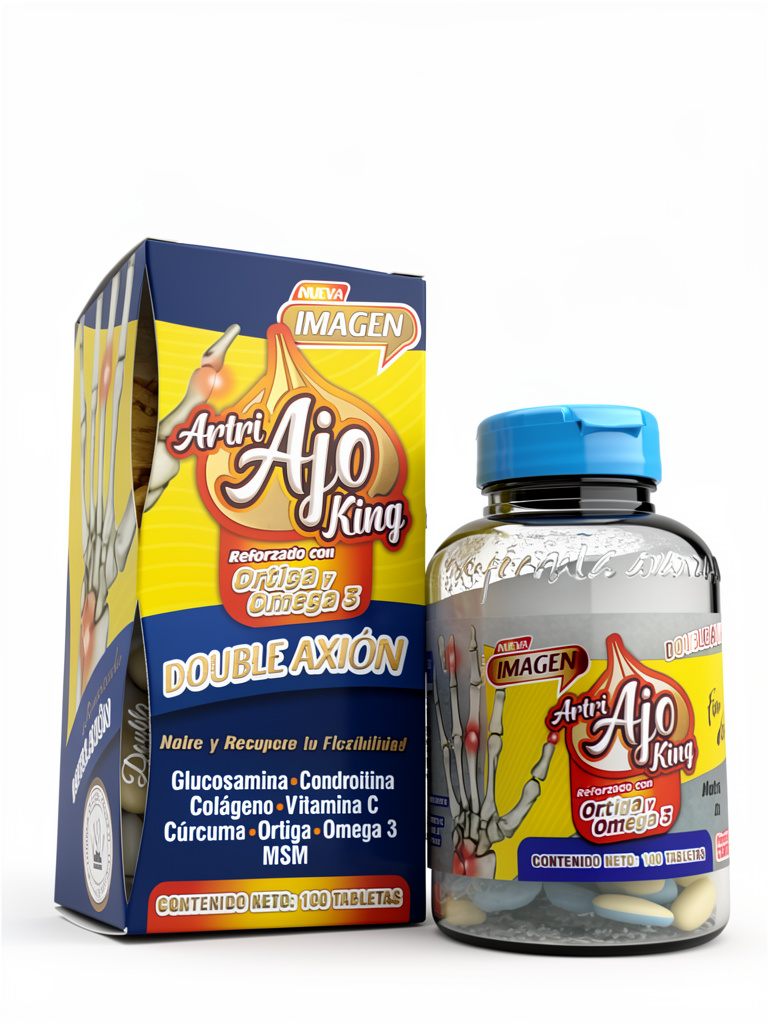 Artri Ajo King, Double Axión 100Tabs. Con Ortiga, Omega3, Glucosamina, Condroitina Colágeno, Vitamina C, Cúrcuma, Ortiga, MSM